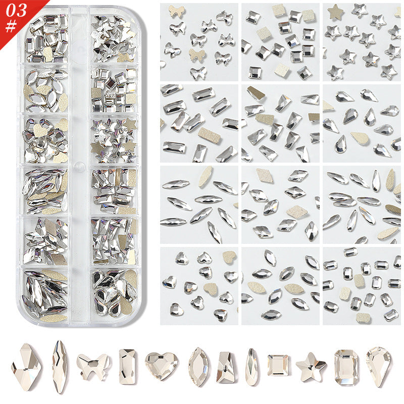 NDE074 Nail art accessories, flat-bottomed special-shaped diamonds, diamonds, water drops, love hearts, bows, square diamonds 12 grids, super flash temperature elf rhinestones