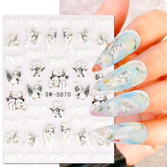 VAL030  Nail Art Stickers Wholesale 5D Embossed Rose Valentine's Day Blazing Angel Cupid Feather Nail Stickers nail