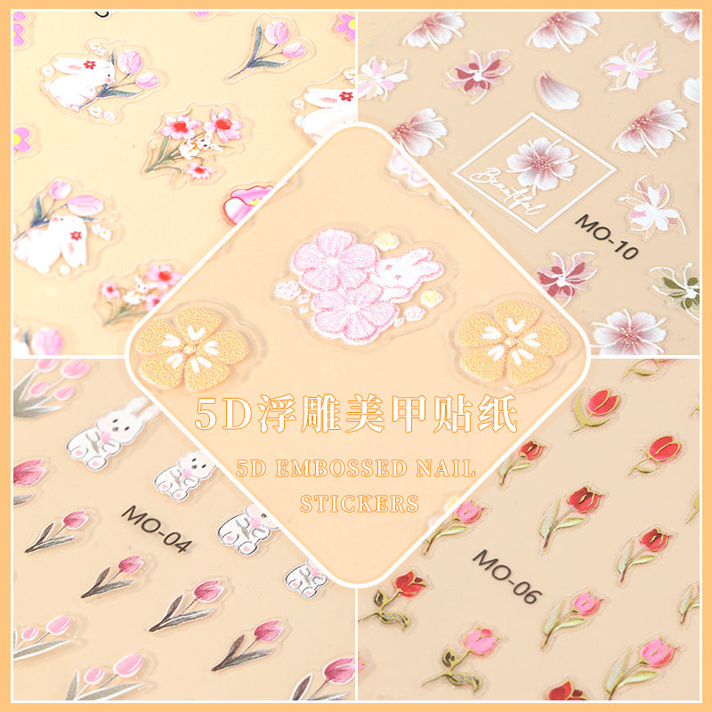 NDE072 Embossed 5D three-dimensional bronzing tulip cherry blossom rose rabbit nail art sticker