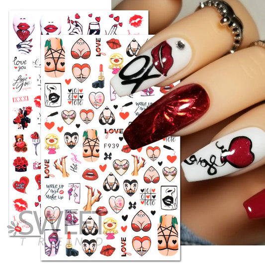 VAL019 Valentine's Day Nail Art Stickers Wholesale Ins Hot Style Red Lips Sexy Heart LOVE Cartoon Bear Nail Decal