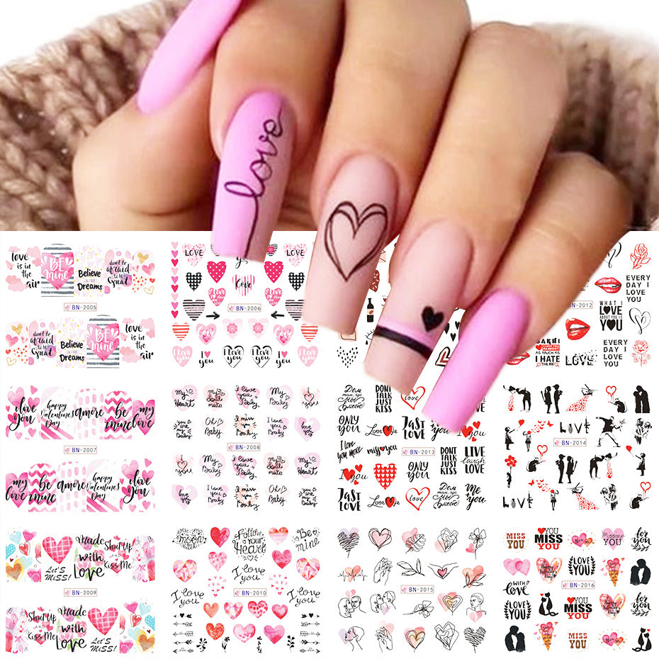 VAL003  New nail art stickers ins European and American Valentine's Day love lip print letters donut watermark nail stickers