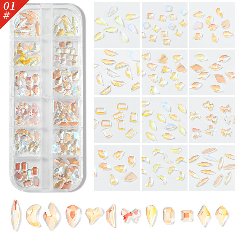 NDE074 Nail art accessories, flat-bottomed special-shaped diamonds, diamonds, water drops, love hearts, bows, square diamonds 12 grids, super flash temperature elf rhinestones