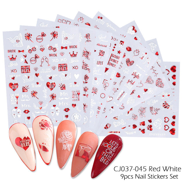 VAL033  New nail art stickers ins red, white, black and gold heart-shaped rose Valentine's Day adhesive nail sticker nail