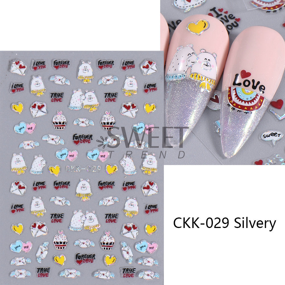 VAL025 New Valentine's Day Nail Art Stickers Ins Laser Silver Lip Print Love Letter Nail Adhesive Decal Wholesale