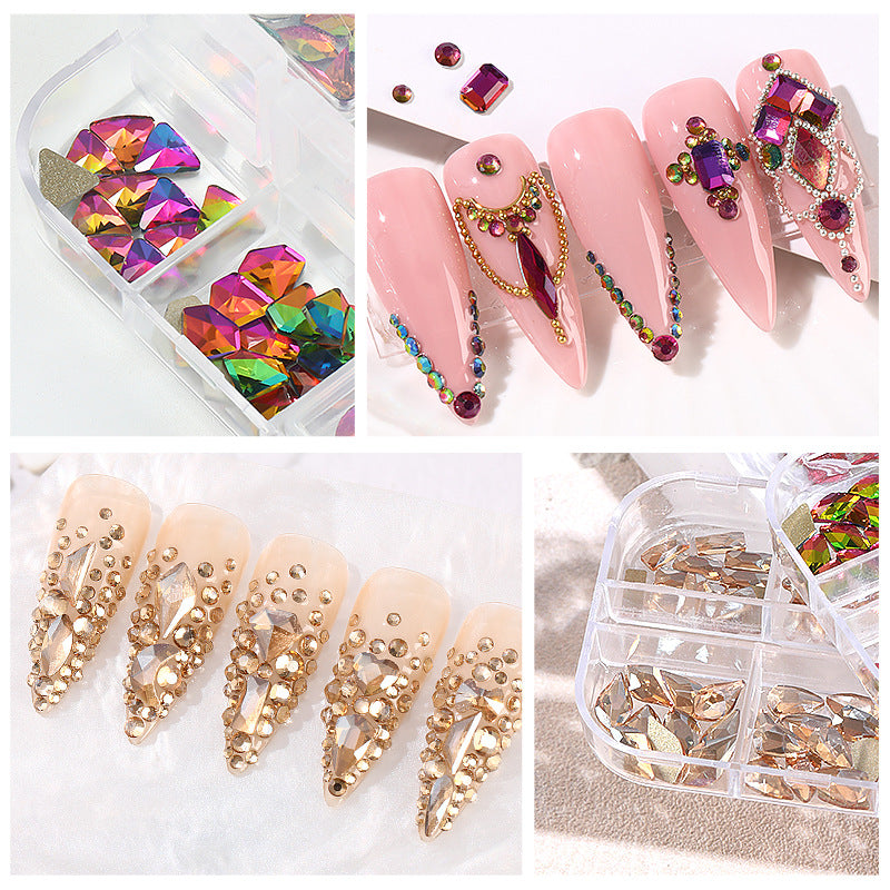 NDE074 Nail art accessories, flat-bottomed special-shaped diamonds, diamonds, water drops, love hearts, bows, square diamonds 12 grids, super flash temperature elf rhinestones