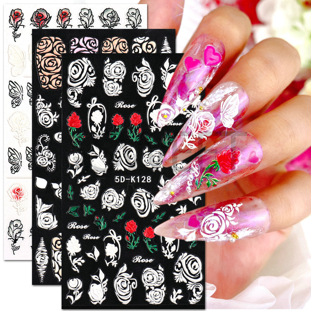 VAL032 Hot Valentine's Day Nail Art Stickers Wholesale Internet Celebrity 5D Embossed Nail Stickers Rose Butterfly Heart