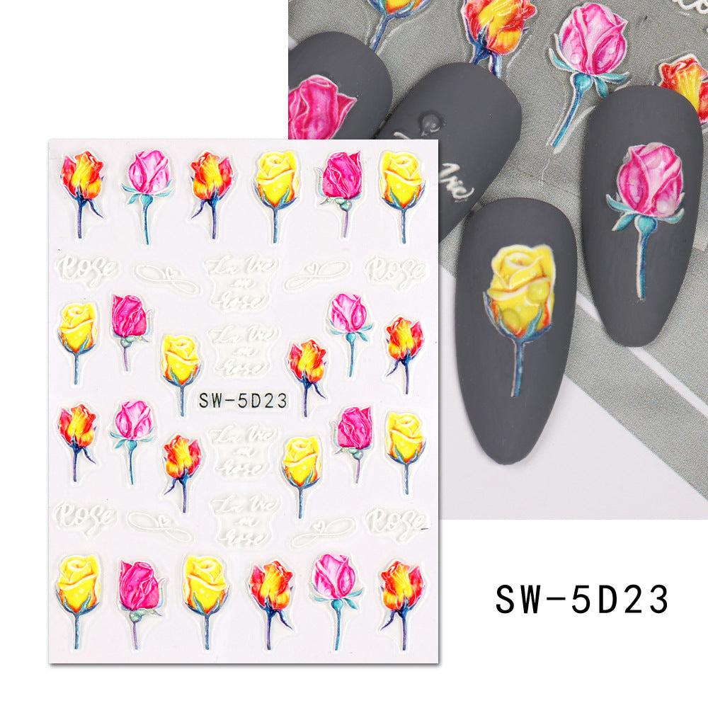 VAL023 Valentine's Day Nail Art Stickers Wholesale 5D Embossed Heart English Words Rose Cartoon Cute Nail Stickers