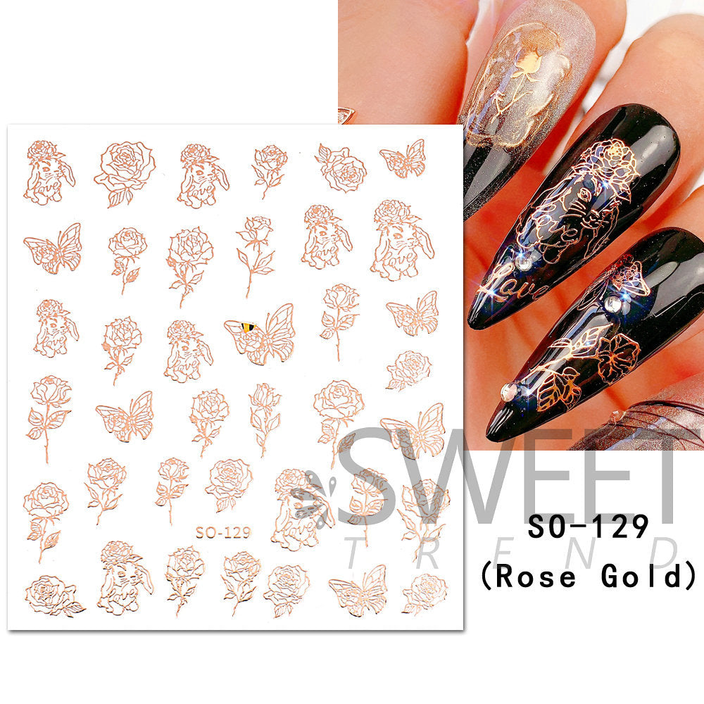 VAL031  Nail Art Stickers Wholesale Ins Hot Gold Bronzing Rose Gold Valentine's Day Nail Stickers Rose Butterfly Stickers