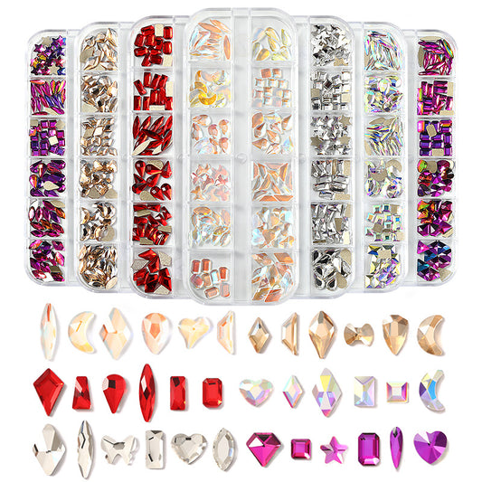 NDE074 Nail art accessories, flat-bottomed special-shaped diamonds, diamonds, water drops, love hearts, bows, square diamonds 12 grids, super flash temperature elf rhinestones