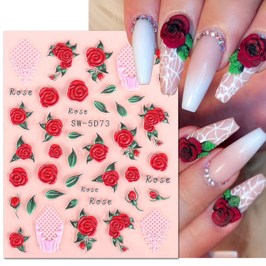 VAL029 Valentine's Day Nail Art Stickers Wholesale ins Retro 5D Embossed Red Rose Spring Flower Nail Stickers