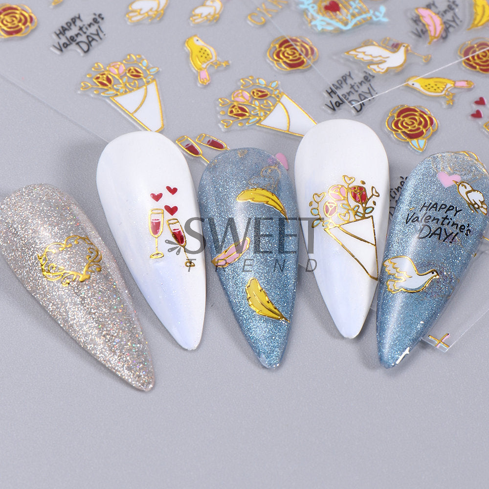 VAL015  New Valentine's Day Nail Art Stickers Bronzing Heart Cupid Lips Black Swan Adhesive Nail Decals