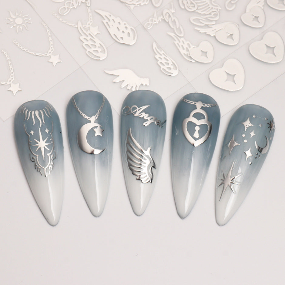 VAL009  Nail art stickers wholesale ins hot hot stamping silver star and moon wings angel love chain valentine's day nail stickers