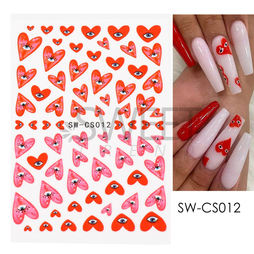 VAL024  Valentine's Day Nail Art Stickers Wholesale Ins Hot Red Heart Devil Eyes Nail Stickers 3D Nail Stickers