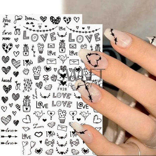 VAL016  Valentine's Day Nail Art Stickers Wholesale Ins Hot Black and White Love Bow Bow Ribbon Nail Stickers