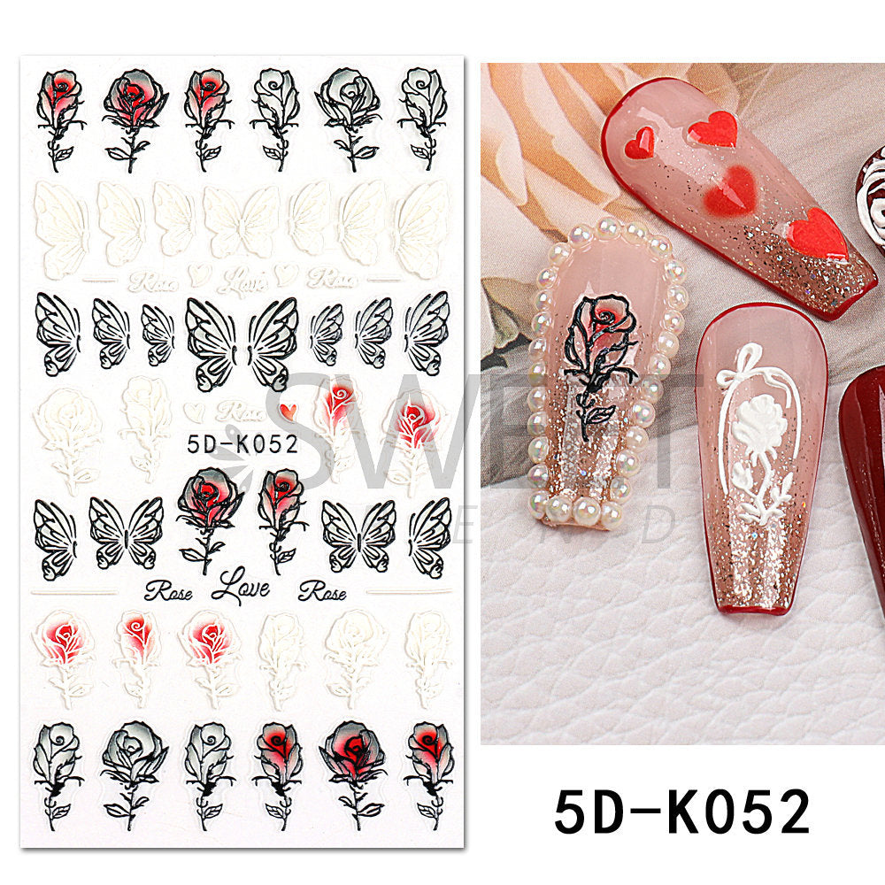 VAL032 Hot Valentine's Day Nail Art Stickers Wholesale Internet Celebrity 5D Embossed Nail Stickers Rose Butterfly Heart