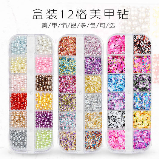 FDMC024 Nail Art Jewelry Glitter Sequins, 12 Grid Long Box Jewelry Symphony Sequins Pearl Shell