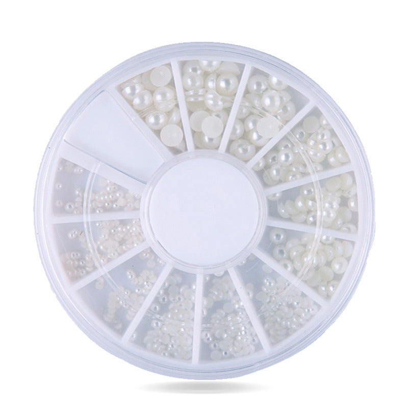 FDME001 Wholesale nail ornaments 2mm 3mm, semi-circle pearl disc, white beige pearl 12 grid turntable ornaments