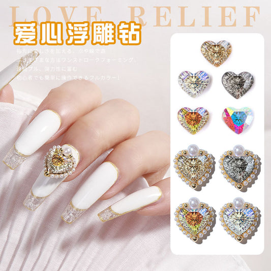 FDMB015 New nail art embossed heart, pearl jewelry, flat bottom peach heart alloy jewelry, nail decoration diamond jewelry