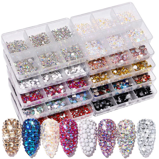 FDMA003 Manicure, flat bottom mixed color AB, porcelain white, champagne, 6 grid nail jewelry with diamonds