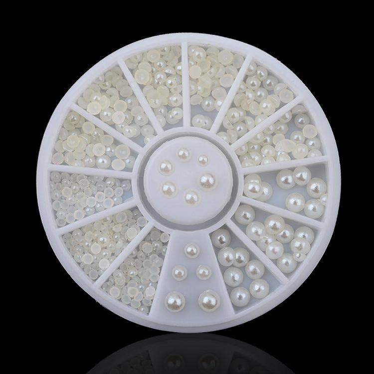 FDME001 Wholesale nail ornaments 2mm 3mm, semi-circle pearl disc, white beige pearl 12 grid turntable ornaments