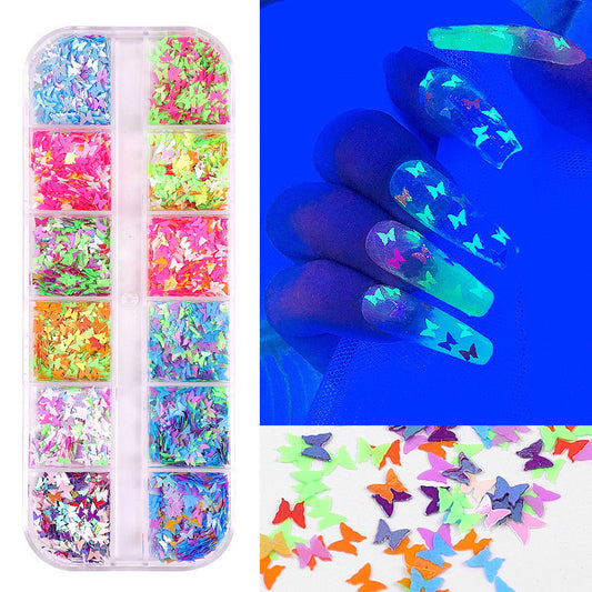 FDMD019 12 Colors Mixed Nail Art Sequins, Laser Symphony Star Butterfly Fluorescent, DIY Nail Art Decorative Sequins