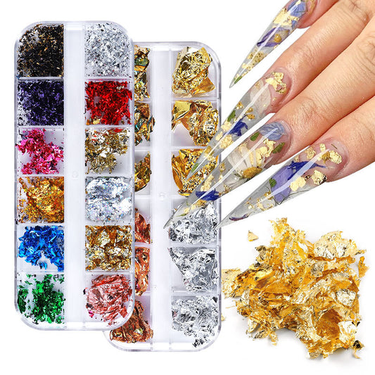 FSMB013 New nail art gold foil silk, 12-color boxed thin gold and silver foil fragments, DIY decorative tin foil