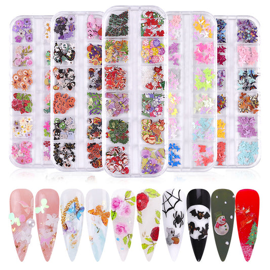 FDMC029 Nail Art Wood Pulp Sheets, Christmas Colorful Flower Butterfly Set, Halloween Nail Ornaments 12 Packs