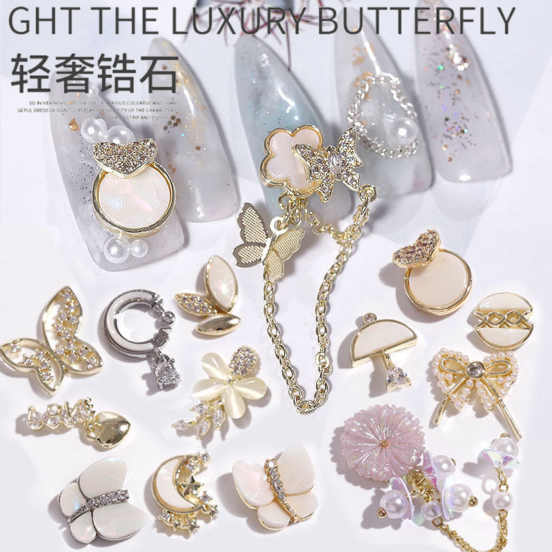 FDMB010 Nail Art Butterfly Jewelry, Luxury Real Gold Bow, Pearl Pendant, Nail Decoration, Zircon Diamond