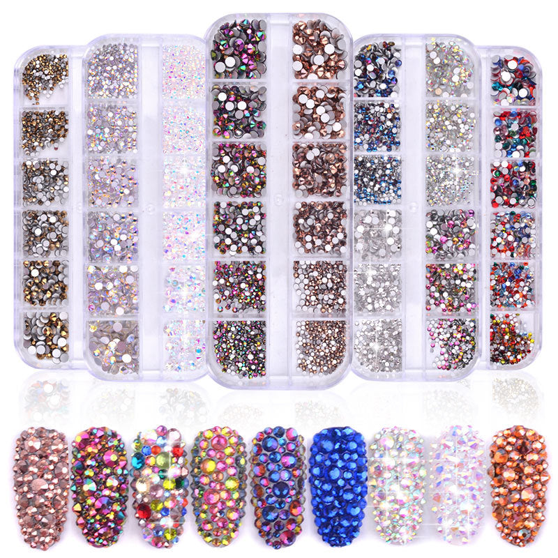 FDMA005 Nail Art Accessories Set, High Silver Flat Bottom Diamonds, AB Water Diamonds, Shiny Diamonds, 1440 Long Boxes