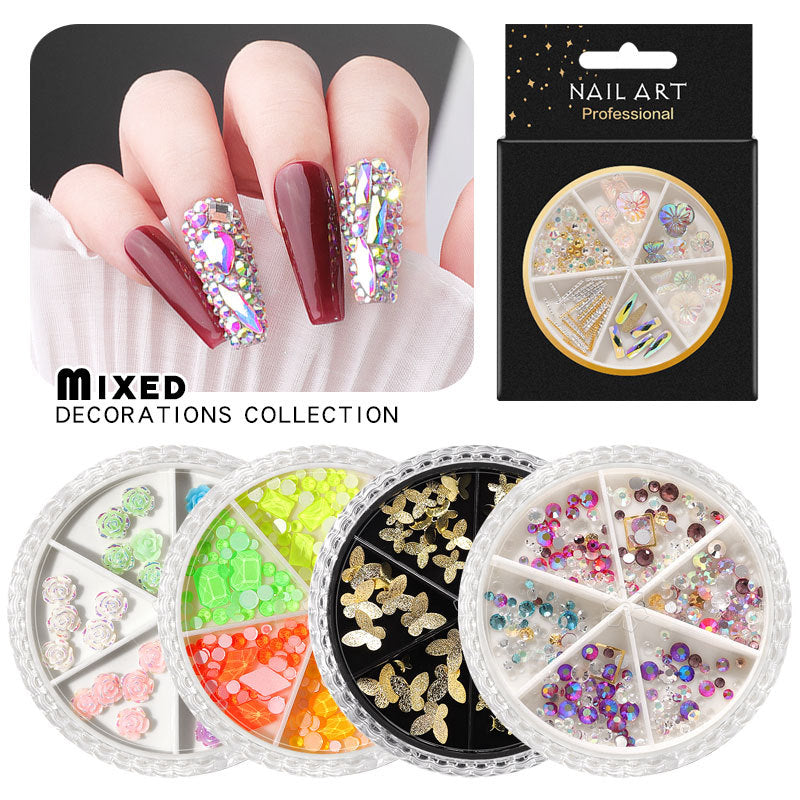 FDME009 Nail Art Accessories AB Rhinestones Rivets Butterfly 6-Grid Mixed Turntable Jewelry Sequins Nail Art Decoration