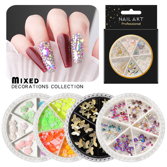 FDME009 Nail Art Accessories AB Rhinestones Rivets Butterfly 6-Grid Mixed Turntable Jewelry Sequins Nail Art Decoration