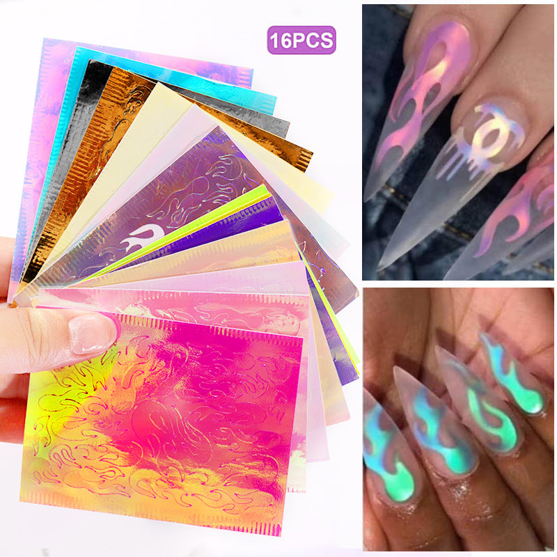 FSMB015 Nail flame stickers, laser magic flame nail stickers with adhesive 16 colors set