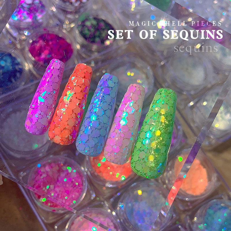 FFMB016 Nail Art Round Sequin Set, Laser Disc, Symphony Mermaid Nail Glitter Set 12 Grid Set