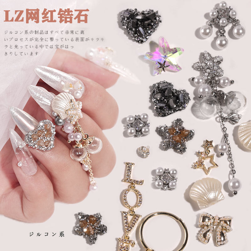 FDMB016 Nail jewelry, silver diamond rhinestones, super flash ring chain, pearl starfish jewelry