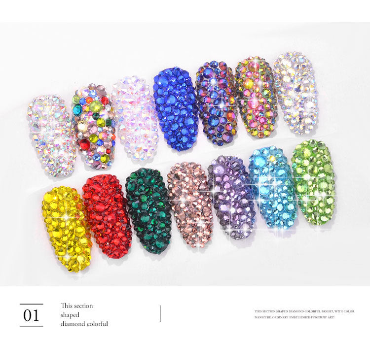 FDMA005 Nail Art Accessories Set, High Silver Flat Bottom Diamonds, AB Water Diamonds, Shiny Diamonds, 1440 Long Boxes