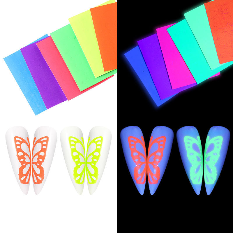 FSMB020 Color Fluorescent Laser Butterfly Stickers, Radium Tape Adhesive Light Decals, 6 Color Sets