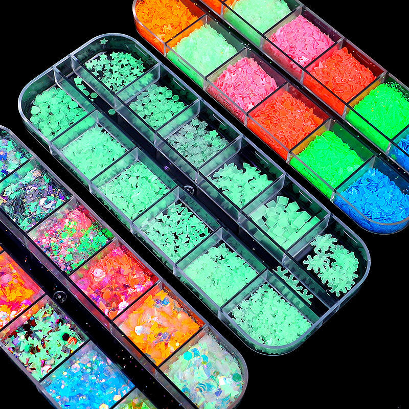 FFMB004 Hot selling nail art sequins love, laser magic butterfly fluorescent luminous sequins boxed