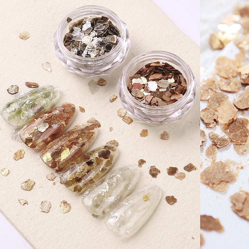 FFMB002 Nail Art Metal High Shine Mineral Copper Gold Flakes Thin Fragments, Irregular Mica Flakes Nail Set