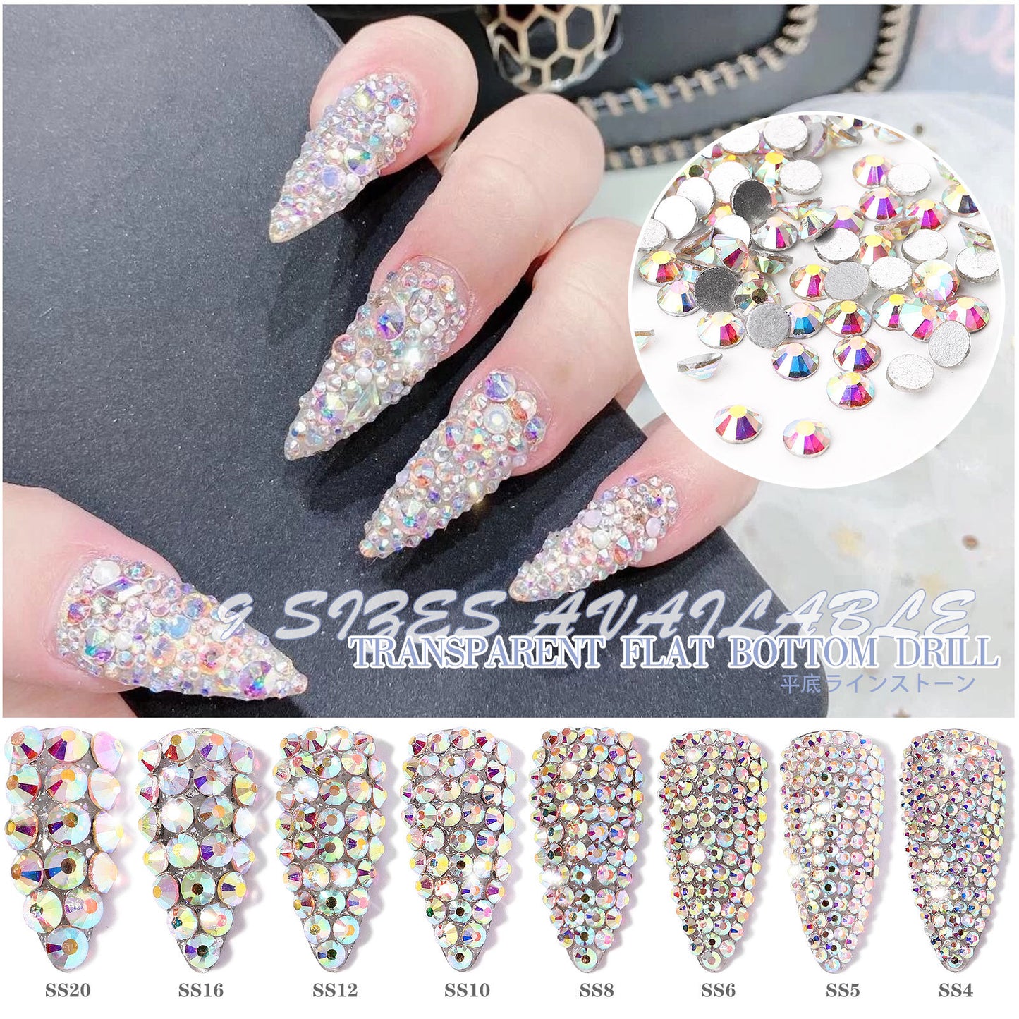 FDMA002 Nail Art Accessories, Flat Bottom Diamonds, Transparent AB Diamonds, Nail Drills, DIY Decorations, Gold Bottom, Silver Bottom, Quality, Rhinestones, Color Mixed Diamonds