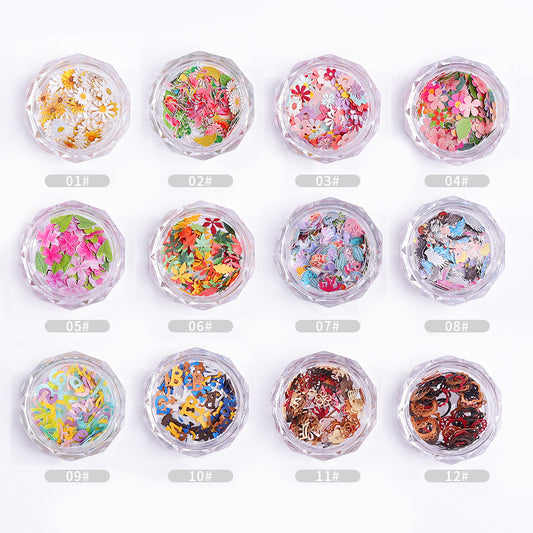 FDMC026 Nail Art New Color Flower Star Wood Pulp Sheet, 12 Flower Animal Alphabet Mixed Nail Jewelry Patches