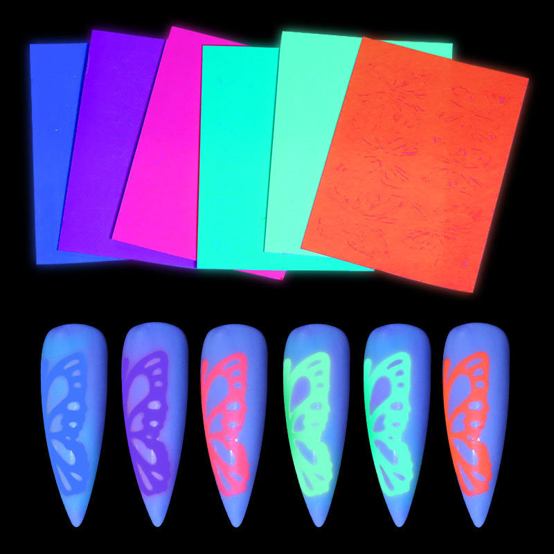 FSMB020 Color Fluorescent Laser Butterfly Stickers, Radium Tape Adhesive Light Decals, 6 Color Sets