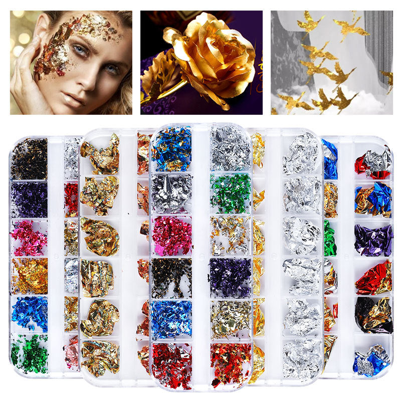 FSMB013 New nail art gold foil silk, 12-color boxed thin gold and silver foil fragments, DIY decorative tin foil