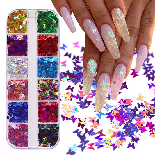 FDMD017 Hot Selling Nail Art Sequins, Heart Laser Symphony Butterfly Fluorescent Luminous Sequins, Boxed