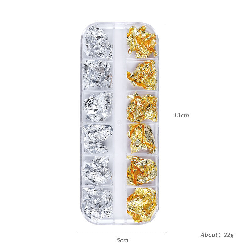 FSMB013 New nail art gold foil silk, 12-color boxed thin gold and silver foil fragments, DIY decorative tin foil