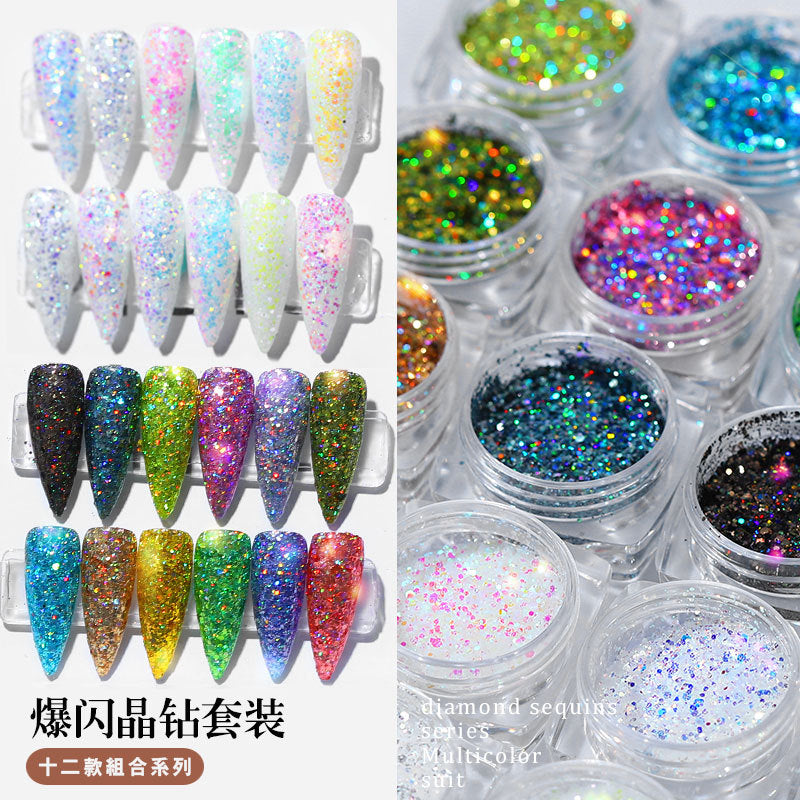 FFMB007 Nail Art Laser Glitter Sequins, 12 Shades of Light Nail Decorations Box, Magic Nail Art Sequins