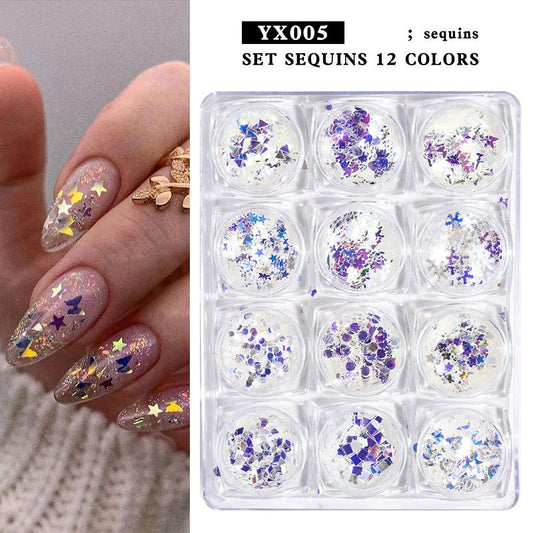 FFMB016 Nail Art Round Sequin Set, Laser Disc, Symphony Mermaid Nail Glitter Set 12 Grid Set