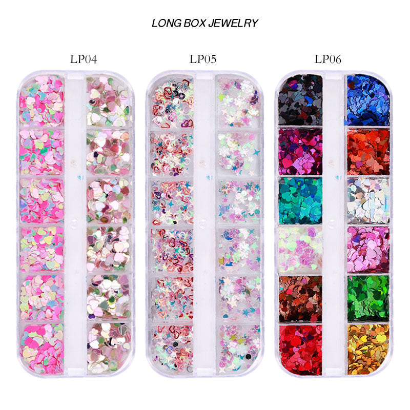 FFMB004 Hot selling nail art sequins love, laser magic butterfly fluorescent luminous sequins boxed