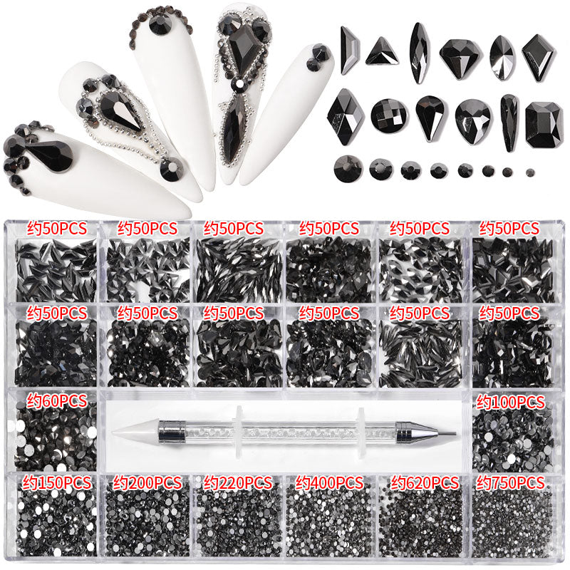 NRB008  Crystal black Nail Art Mix Shape Fancy Shaped In Box Flat Bottom Glass nail rhinestone art decoration black rhinestones