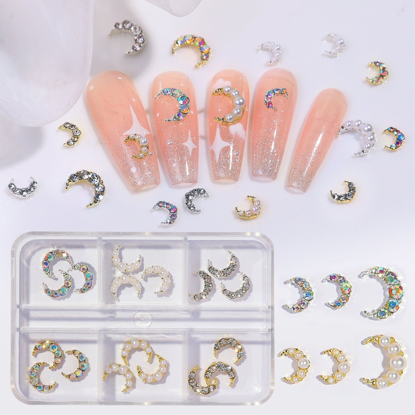 NZJ021 6 grid nail accessories wholesale diamond pearl moon luxury crescent metal alloy nail jewelry