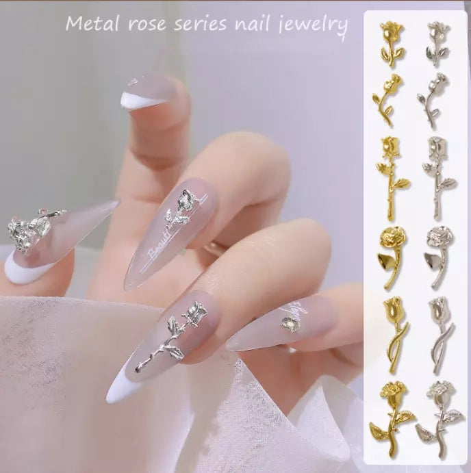 NZJ034 10 pcs/pack nail metal Rose alloy Accessories light luxury 3D Rose silver nail jewelry